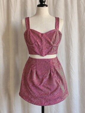 Two Piece Crop Top Mini Skirt Set Thirty/Thirty LA Pink Magenta Glitter Metallic